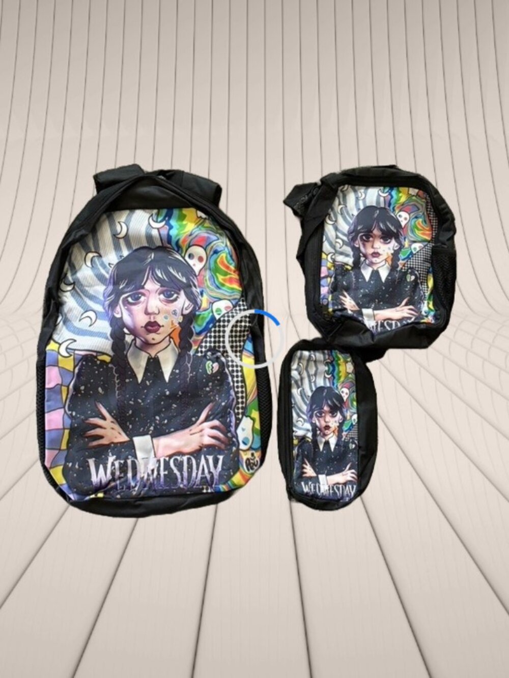 Wednesday-themed Backpack Set in Black with Multicolor Graphic